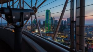 The Dallas skyline illuminated at night, viewed from Reunion Tower’s GeO-Deck